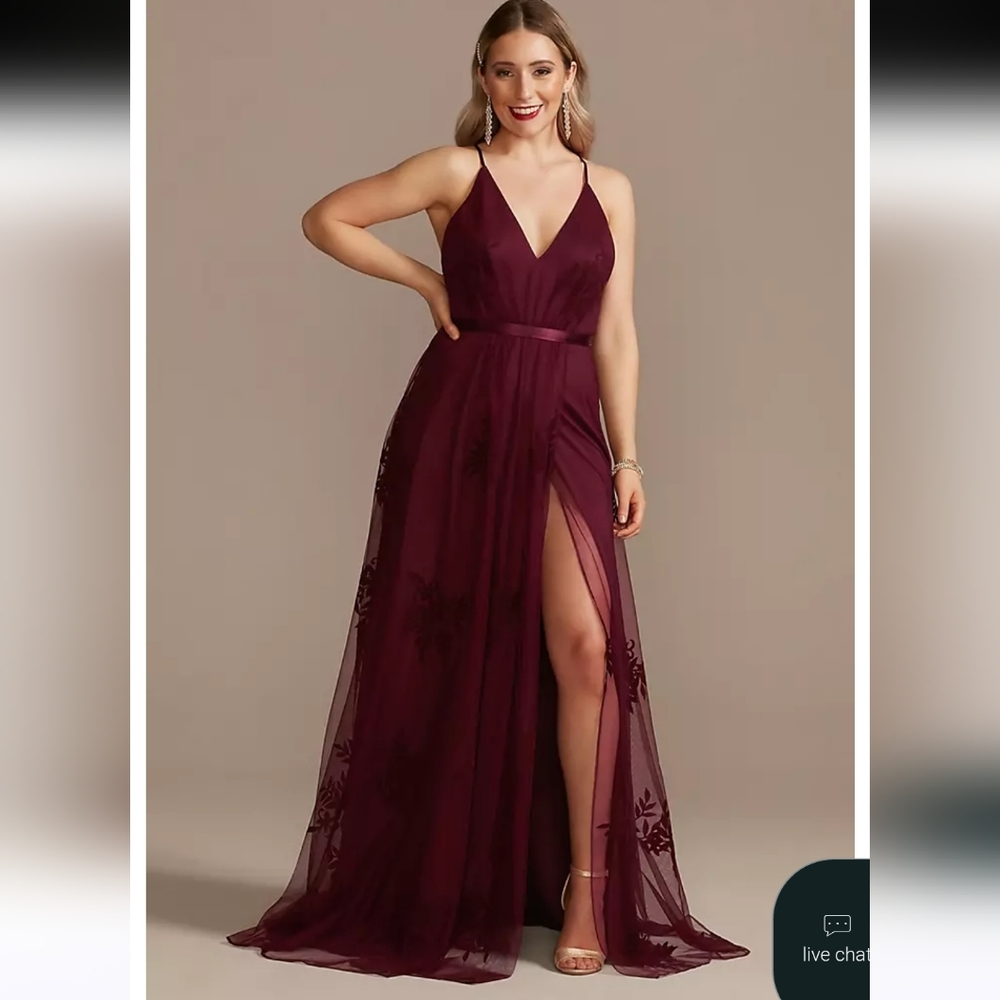 Galina Signature flocked tulle low back burgundy burnout‎ velvet floral dress 6